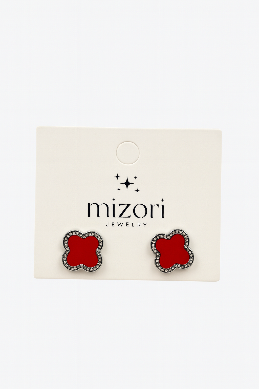 mizori_jewelry_stainless_steel_13mm_clover_red_silver_earrings – Elegant water-resistant stud earrings with vibrant red clovers framed in silver