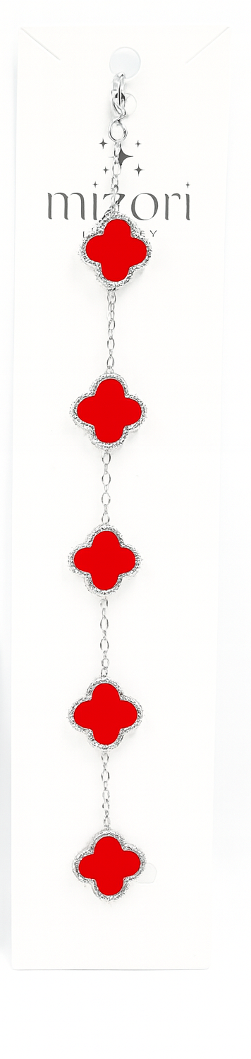 mizori_jewelry_stainless_steel_13mm_clover_silver_red_bracelet – Elegant water-resistant bracelet with 5 red clovers on silver chain