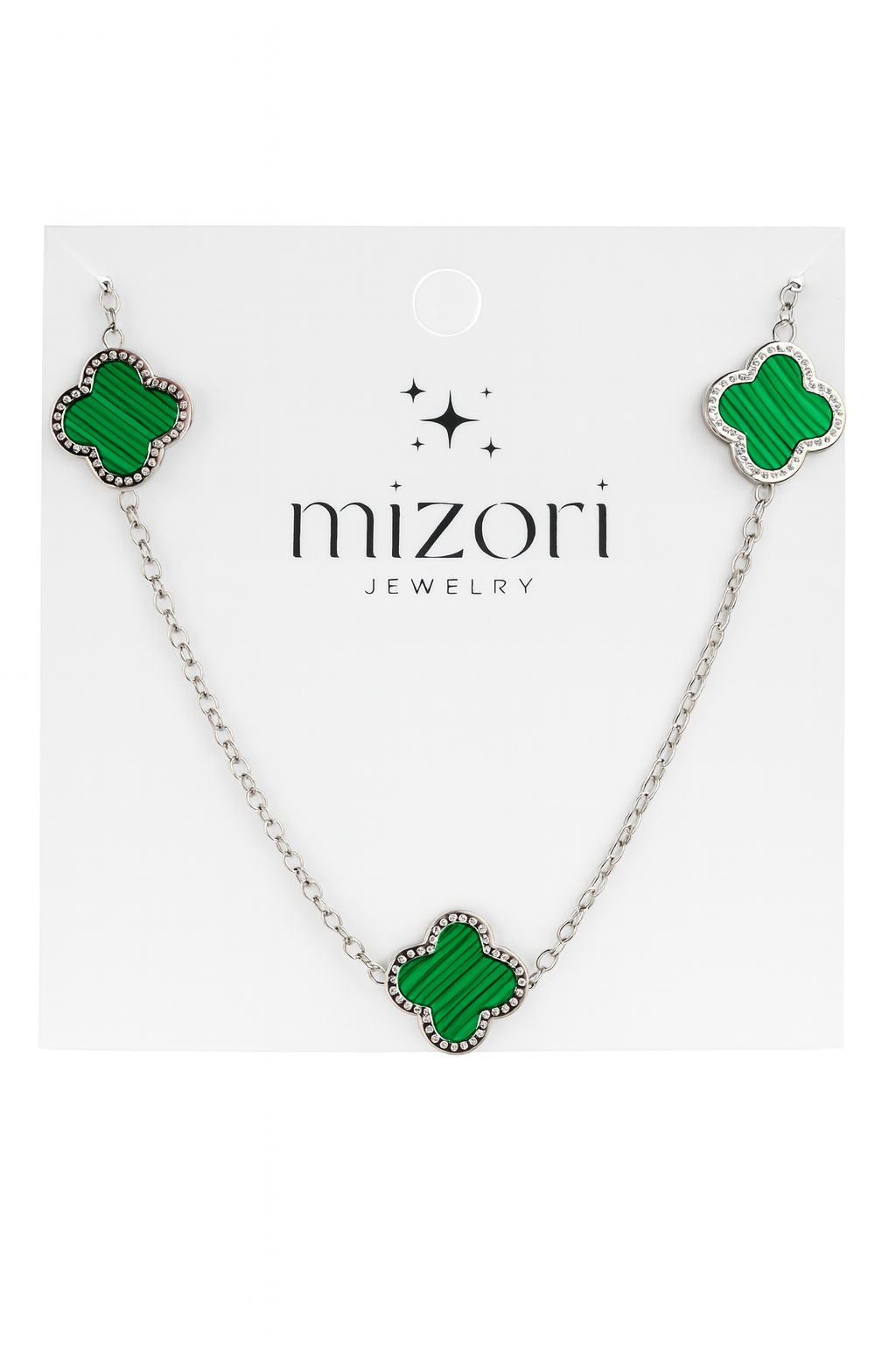 Mizori Jewelry stainless steel silver necklace with three 13mm green clovers, water resistant and tarnish resistant