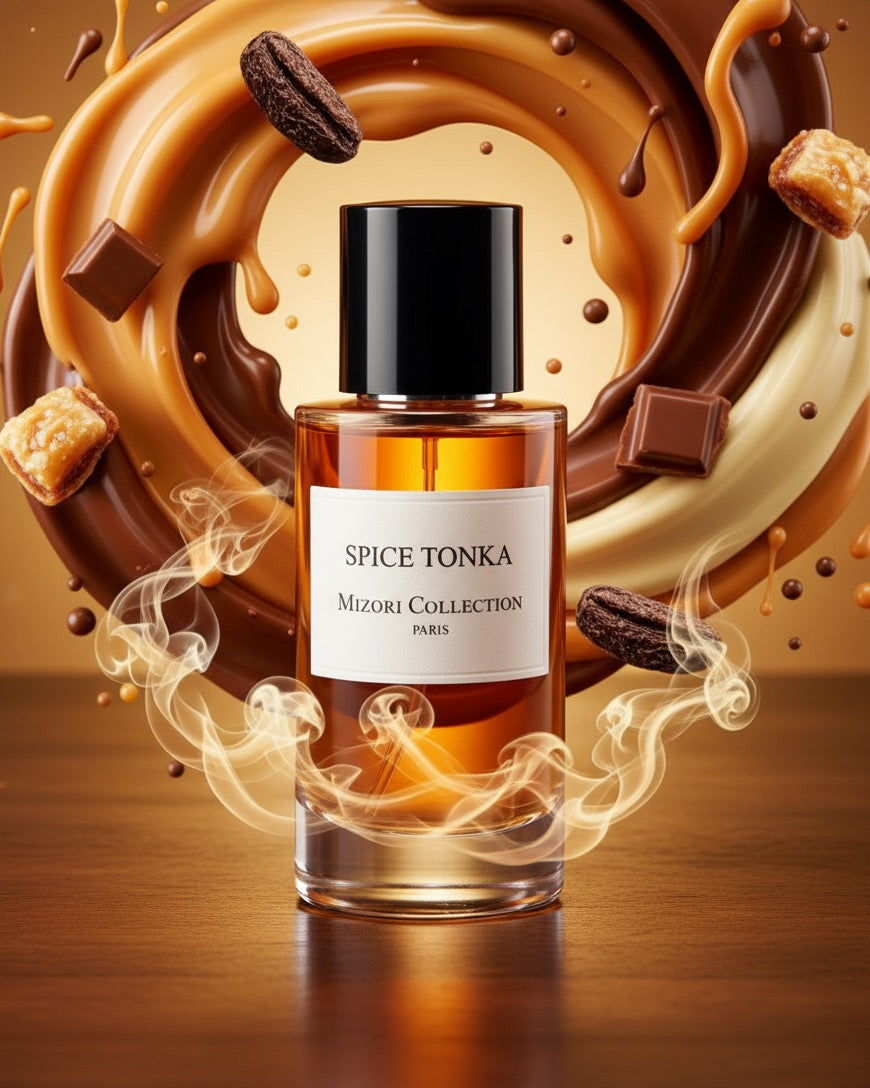 Spice Tonka perfume by Mizori Collection Paris 50ml unisex Eau de Parfum with warm tonka bean, spicy and woody notes, elegant fragrance bottle with ingredients and effects