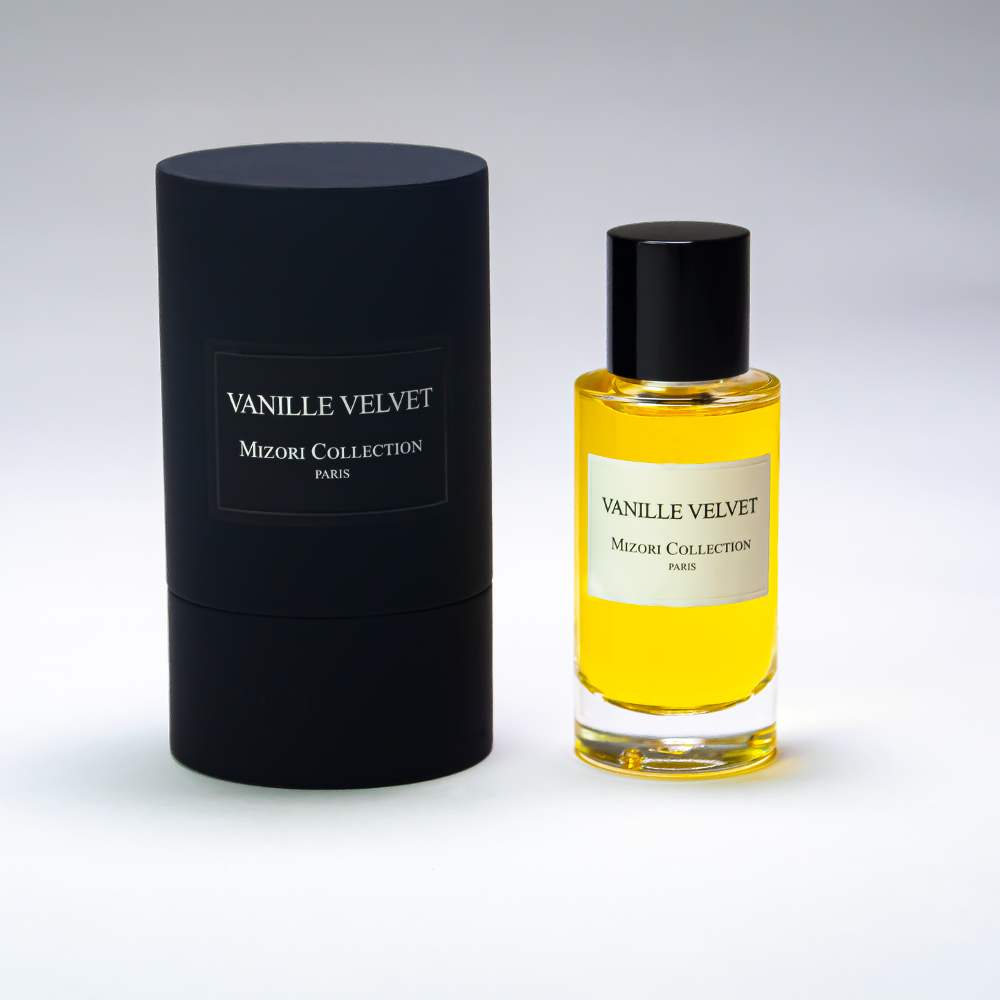 Vanille Velvet 50ML Eau De Parfum with packaging by Mizori Collection Paris – Luxurious unisex scent featuring rich vanilla, caramel, amber, and soft floral notes.
