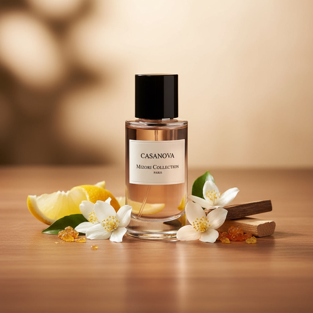 Casanova perfume by Mizori Collection Paris 50ml  unisex Eau de Parfum with seductive woody, amber and spicy notes, elegant fragrance bottle with ingredients and effects