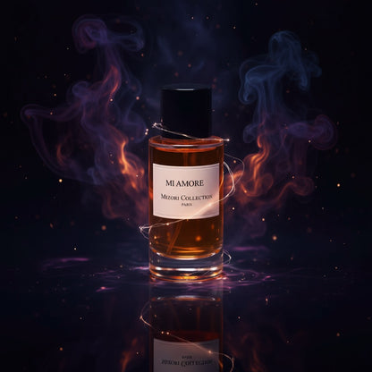 Mi Amore perfume by Mizori Collection Paris 50ml unisex Eau de Parfum with romantic floral, fruity and woody notes, elegant fragrance bottle with dark lightning effects