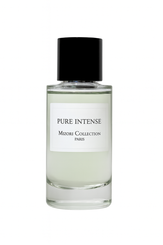Mizori Collection Paris Pure Intense 50 ml eau de parfum bottle with black cap on white background