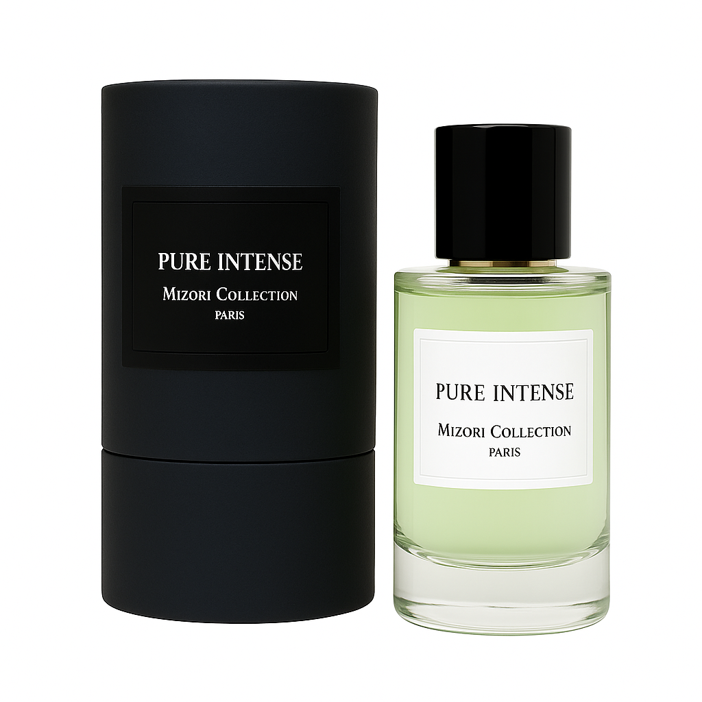Mizori Collection Paris Pure Intense 50 ml eau de parfum bottle with black cap and luxury black packaging on white background