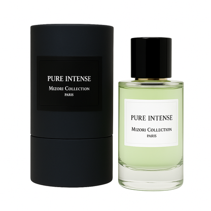Mizori Collection Paris Pure Intense 50 ml eau de parfum bottle with black cap and luxury black packaging on white background