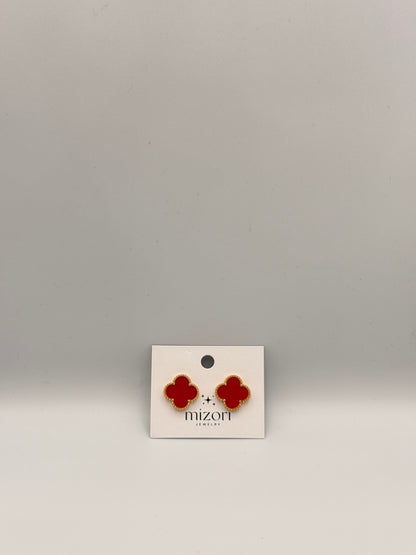 Mizori Jewelry red and gold stainless steel clover earrings, elegant minimalist women’s fashion accessory.