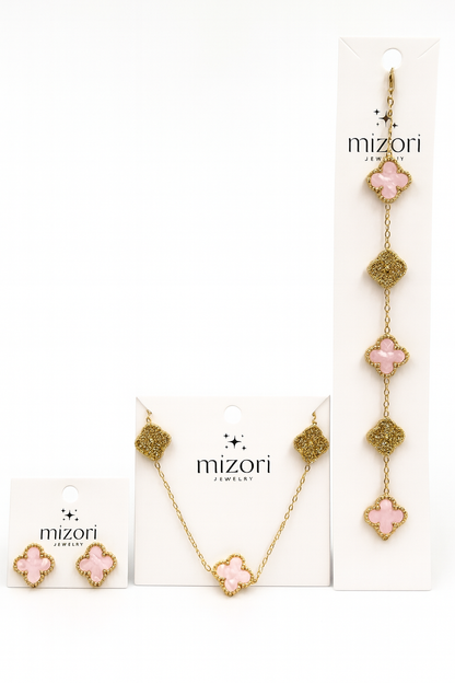 Mizori Jewelry stainless steel gold set with pink clover necklace (13mm), bracelet (13mm), and earrings (15mm), water resistant and tarnish resistant