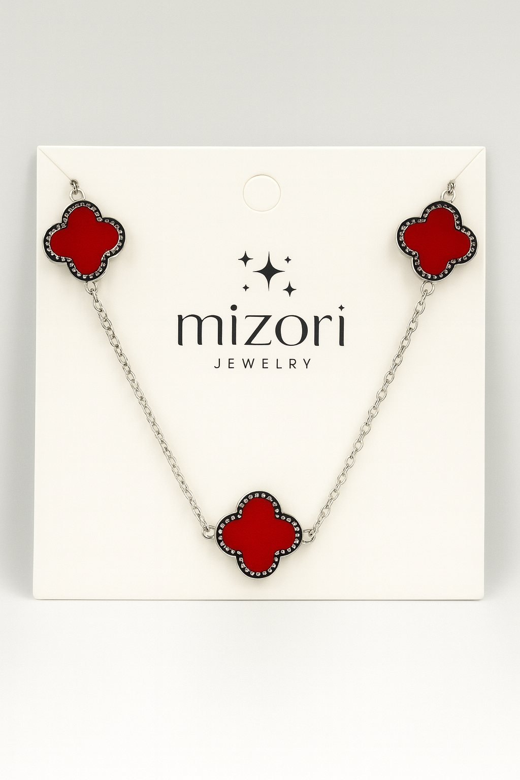 mizori jewelry stainless steel 13mm silver red clover necklace – elegant water resistant necklace with 3 red clovers and adjustable chain