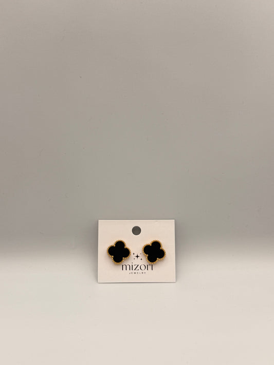 Elegant Mizori Jewelry stainless steel clover earrings in black and gold, minimalist modern design, hypoallergenic women’s fashion jewelry.
