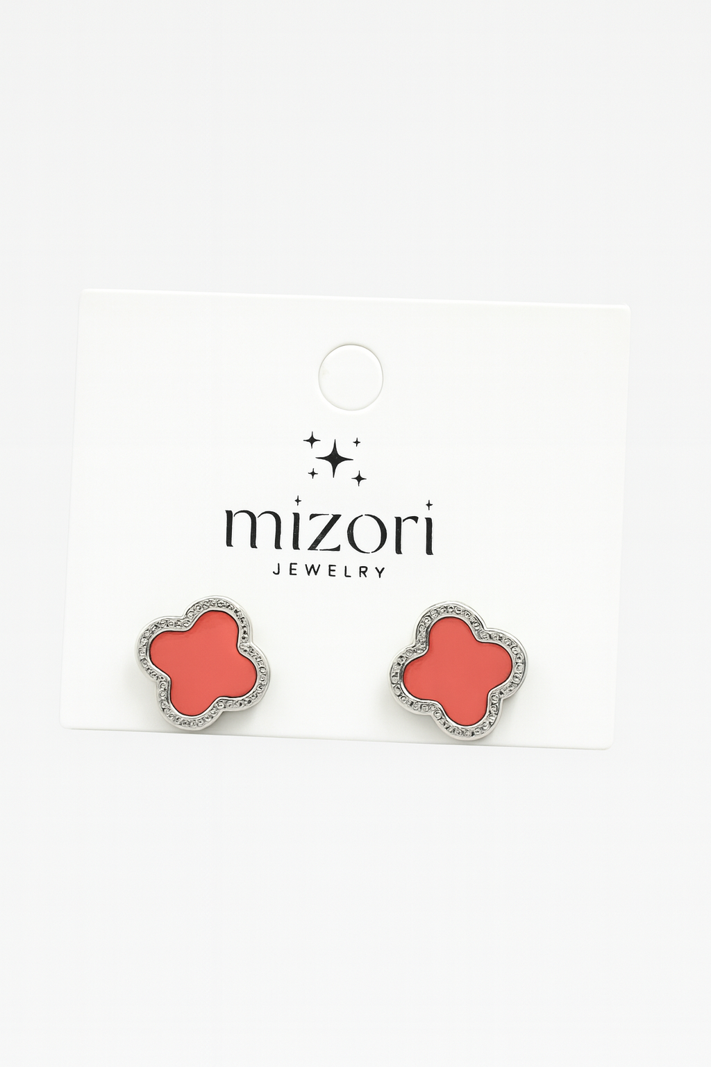 Mizori Jewelry stainless steel silver and pink clover earrings – 13mm stud design, water resistant, tarnish proof, elegant everyday wear