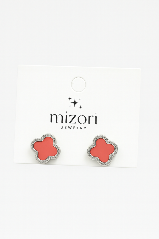 Mizori Jewelry stainless steel silver and pink clover earrings – 13mm stud design, water resistant, tarnish proof, elegant everyday wear