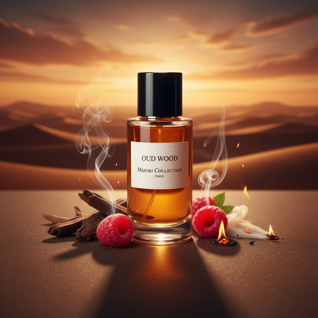 Oud Wood perfume by Mizori Collection Paris 50ml unisex Eau de Parfum with deep oud, smoky woods and warm amber notes, elegant fragrance bottle with ingredients and effects