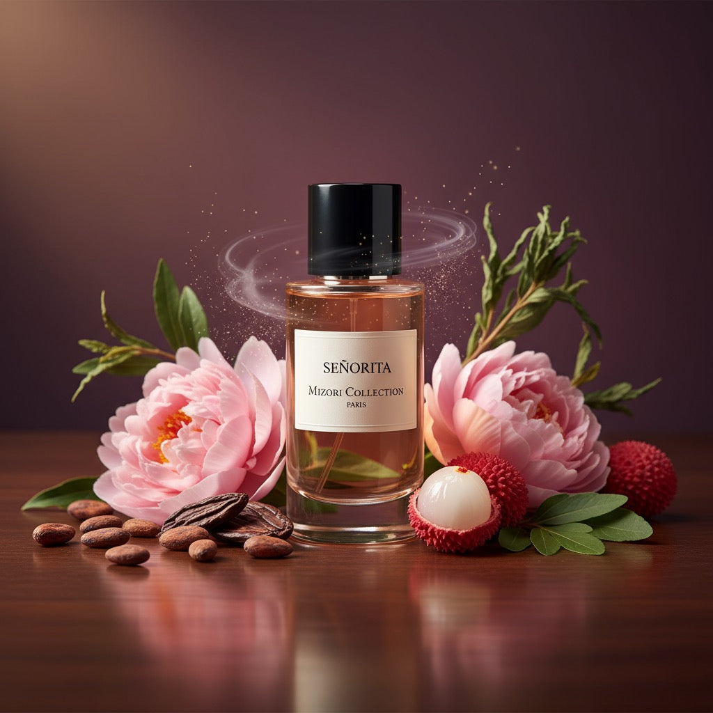 Senorita perfume by Mizori Collection Paris 50ml  women’s Eau de Parfum with vibrant floral, fruity and sweet notes, elegant fragrance bottle with ingredients and effects