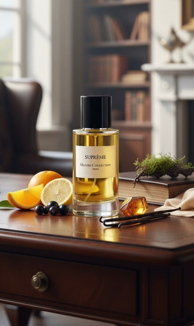 Supreme perfume by Mizori Collection Paris 50ml  unisex Eau de Parfum with refined woody, amber and spicy notes, luxury fragrance bottle with ingredients and effects