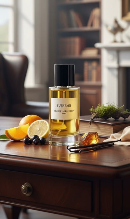 Supreme perfume by Mizori Collection Paris 50ml  unisex Eau de Parfum with refined woody, amber and spicy notes, luxury fragrance bottle with ingredients and effects